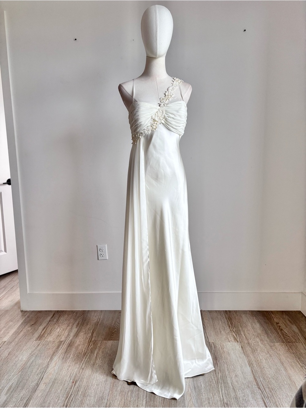 nightway ivory satin faux pearl beaded asymmetrical gown dress size 8